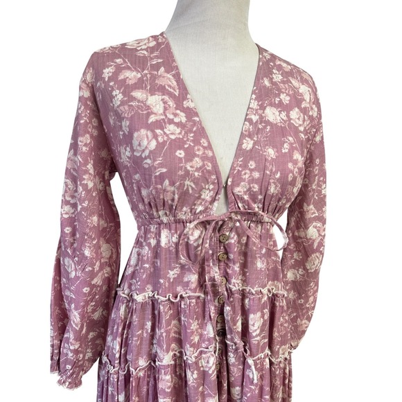 Free People Floral Tiered Maxi Duster Dress Mauve Boho V-Neck Cottagecore XS - Picture 4 of 16